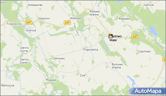 mapa Pogorzelica gmina Radowo Małe, Pogorzelica gmina Radowo Małe na mapie Targeo