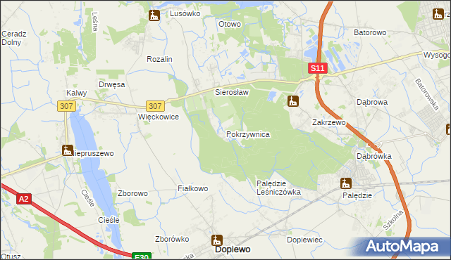 mapa Pokrzywnica gmina Dopiewo, Pokrzywnica gmina Dopiewo na mapie Targeo