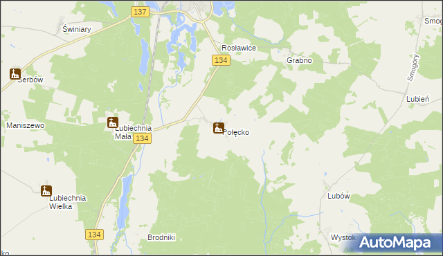 mapa Połęcko gmina Ośno Lubuskie, Połęcko gmina Ośno Lubuskie na mapie Targeo