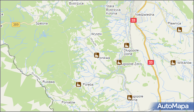 mapa Ponikwa gmina Bystrzyca Kłodzka, Ponikwa gmina Bystrzyca Kłodzka na mapie Targeo