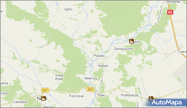 mapa Popiołki gmina Turośl, Popiołki gmina Turośl na mapie Targeo