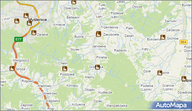 mapa Poręba gmina Myślenice, Poręba gmina Myślenice na mapie Targeo