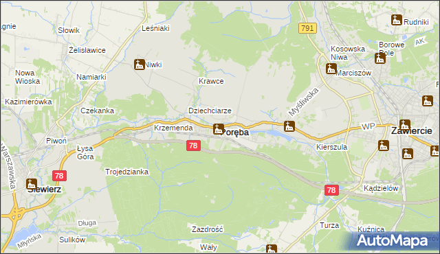 mapa Poręba powiat zawierciański, Poręba powiat zawierciański na mapie Targeo