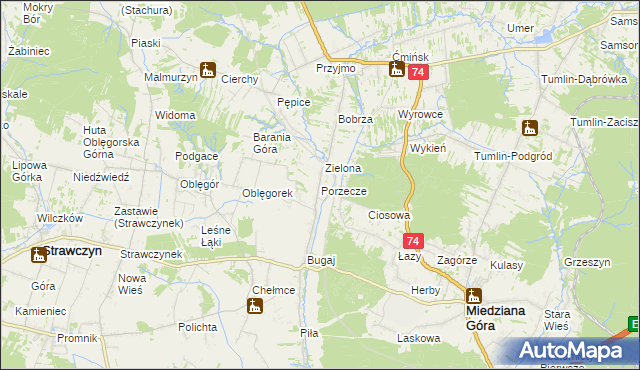 mapa Porzecze gmina Miedziana Góra, Porzecze gmina Miedziana Góra na mapie Targeo