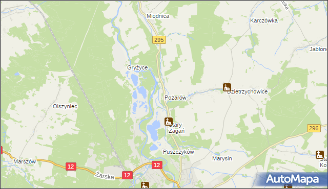 mapa Pożarów gmina Żagań, Pożarów gmina Żagań na mapie Targeo