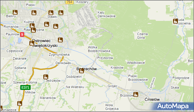 mapa Przyborów gmina Bodzechów, Przyborów gmina Bodzechów na mapie Targeo