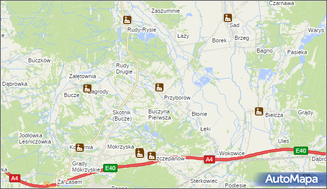 mapa Przyborów gmina Borzęcin, Przyborów gmina Borzęcin na mapie Targeo