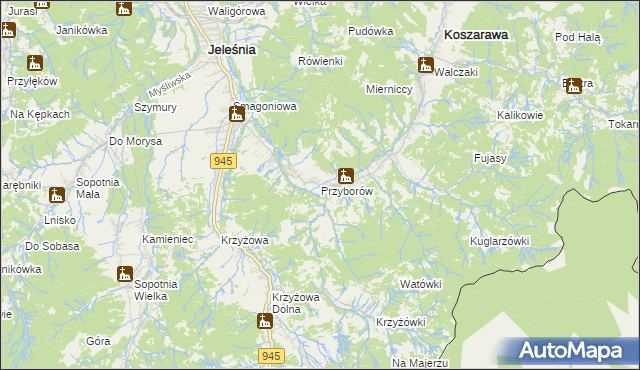 mapa Przyborów gmina Jeleśnia, Przyborów gmina Jeleśnia na mapie Targeo