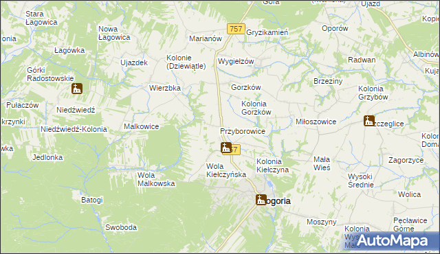 mapa Przyborowice gmina Bogoria, Przyborowice gmina Bogoria na mapie Targeo