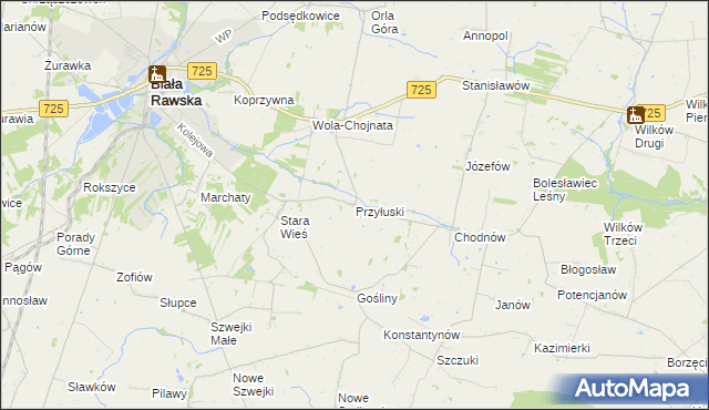 mapa Przyłuski gmina Biała Rawska, Przyłuski gmina Biała Rawska na mapie Targeo