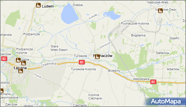 mapa Puchaczów powiat łęczyński, Puchaczów powiat łęczyński na mapie Targeo