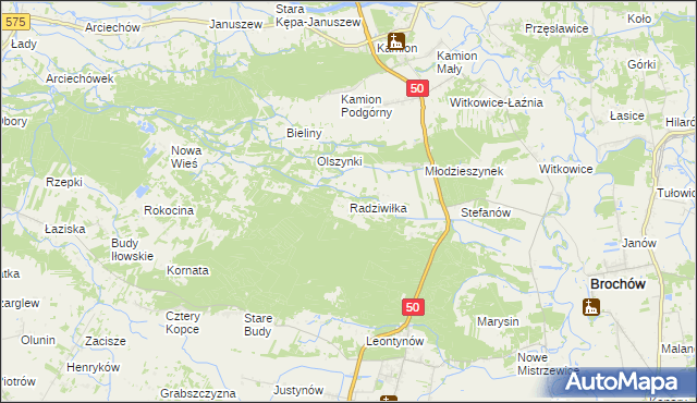 mapa Radziwiłka gmina Młodzieszyn, Radziwiłka gmina Młodzieszyn na mapie Targeo