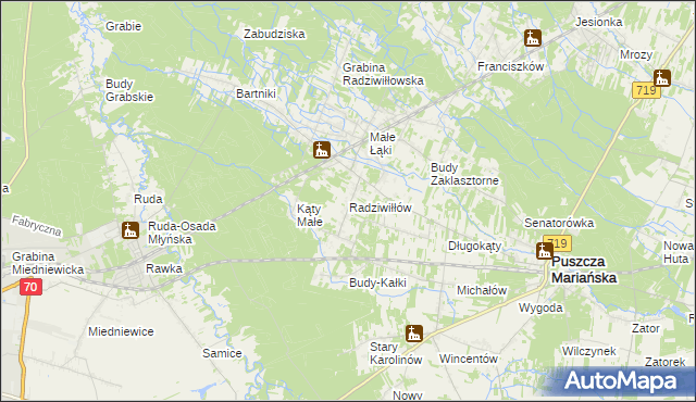 mapa Radziwiłłów gmina Puszcza Mariańska, Radziwiłłów gmina Puszcza Mariańska na mapie Targeo