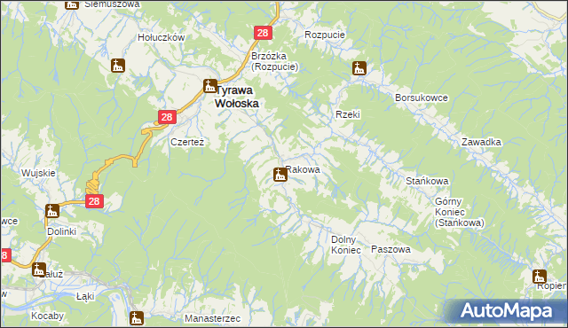 mapa Rakowa gmina Tyrawa Wołoska, Rakowa gmina Tyrawa Wołoska na mapie Targeo