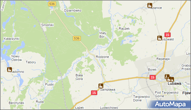 mapa Rodzone gmina Lubawa, Rodzone gmina Lubawa na mapie Targeo