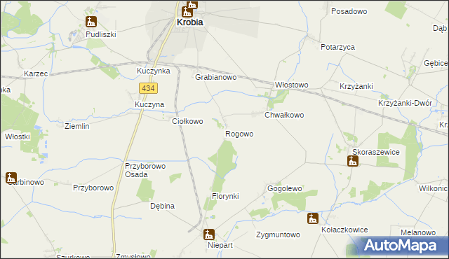mapa Rogowo gmina Krobia, Rogowo gmina Krobia na mapie Targeo