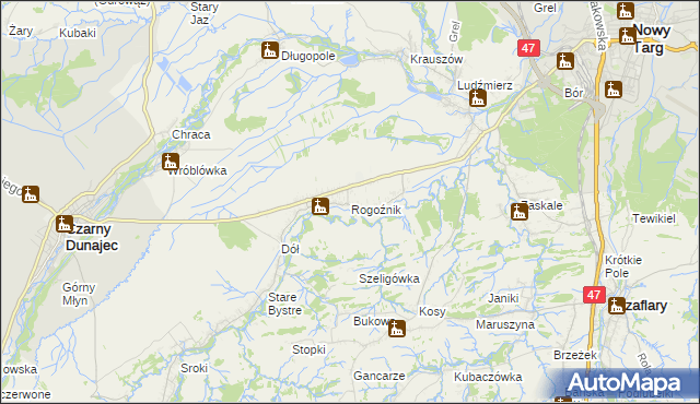 mapa Rogoźnik gmina Nowy Targ, Rogoźnik gmina Nowy Targ na mapie Targeo