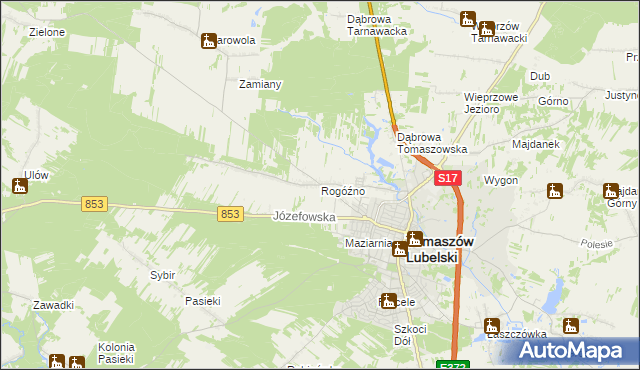 mapa Rogóźno gmina Tomaszów Lubelski, Rogóźno gmina Tomaszów Lubelski na mapie Targeo