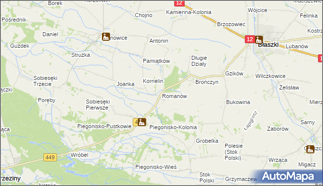 mapa Romanów gmina Błaszki, Romanów gmina Błaszki na mapie Targeo