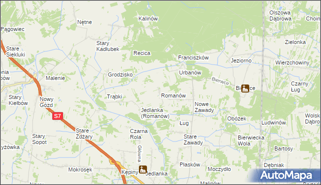 mapa Romanów gmina Jedlińsk, Romanów gmina Jedlińsk na mapie Targeo