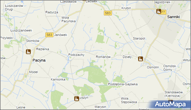 mapa Romanów gmina Pacyna, Romanów gmina Pacyna na mapie Targeo