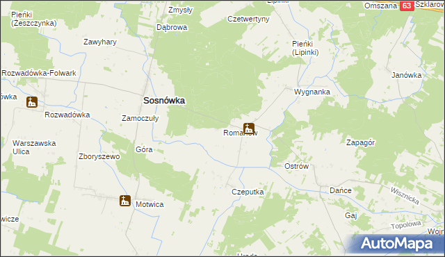 mapa Romanów gmina Sosnówka, Romanów gmina Sosnówka na mapie Targeo