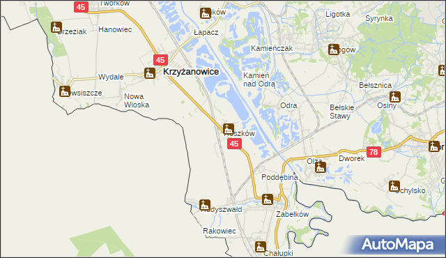 mapa Roszków gmina Krzyżanowice, Roszków gmina Krzyżanowice na mapie Targeo