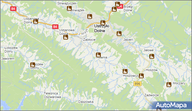 mapa Równia gmina Ustrzyki Dolne, Równia gmina Ustrzyki Dolne na mapie Targeo