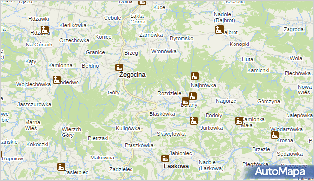 mapa Rozdziele gmina Żegocina, Rozdziele gmina Żegocina na mapie Targeo