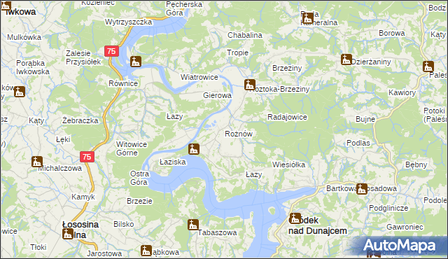 mapa Rożnów gmina Gródek nad Dunajcem, Rożnów gmina Gródek nad Dunajcem na mapie Targeo