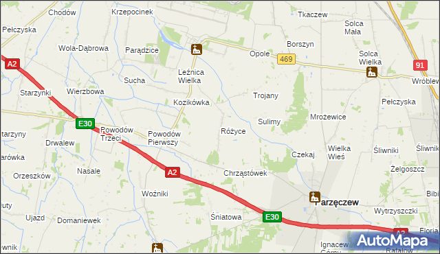 mapa Różyce gmina Parzęczew, Różyce gmina Parzęczew na mapie Targeo