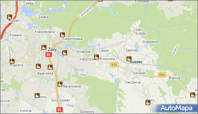 mapa Rudziczka gmina Suszec, Rudziczka gmina Suszec na mapie Targeo