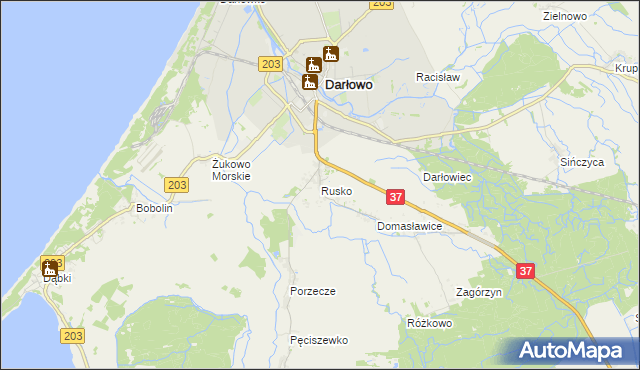 mapa Rusko gmina Darłowo, Rusko gmina Darłowo na mapie Targeo