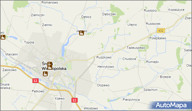 mapa Ruszkowo gmina Środa Wielkopolska, Ruszkowo gmina Środa Wielkopolska na mapie Targeo