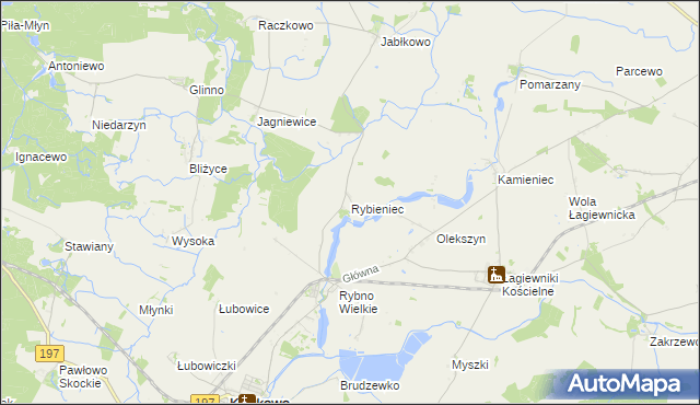 mapa Rybieniec gmina Kiszkowo, Rybieniec gmina Kiszkowo na mapie Targeo