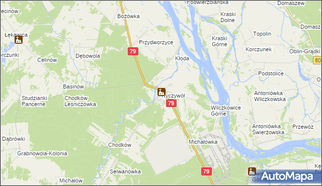 mapa Ryczywół gmina Kozienice, Ryczywół gmina Kozienice na mapie Targeo