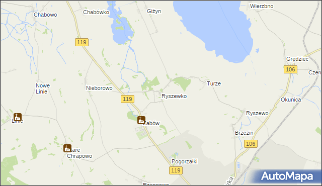 mapa Ryszewko gmina Pyrzyce, Ryszewko gmina Pyrzyce na mapie Targeo