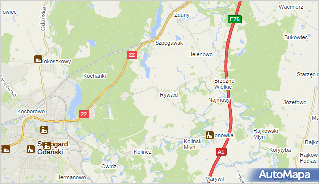 mapa Rywałd gmina Starogard Gdański, Rywałd gmina Starogard Gdański na mapie Targeo