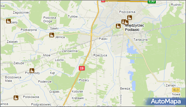 mapa Rzeczyca gmina Międzyrzec Podlaski, Rzeczyca gmina Międzyrzec Podlaski na mapie Targeo