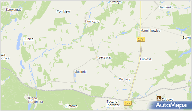 mapa Rzeczyca gmina Tuczno, Rzeczyca gmina Tuczno na mapie Targeo