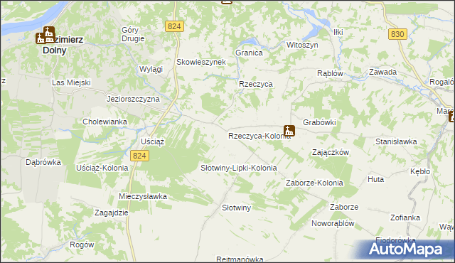 mapa Rzeczyca-Kolonia gmina Kazimierz Dolny, Rzeczyca-Kolonia gmina Kazimierz Dolny na mapie Targeo