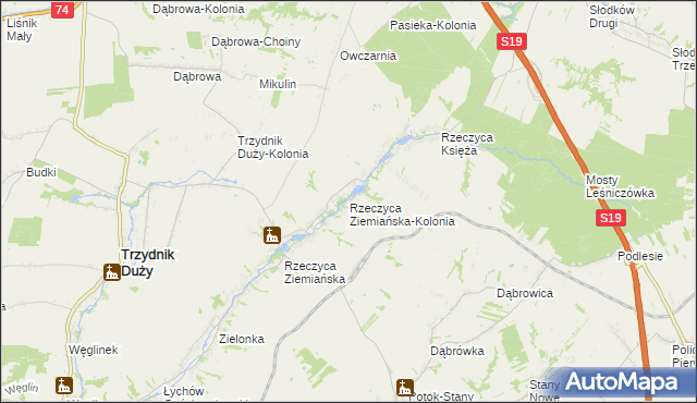 mapa Rzeczyca Ziemiańska-Kolonia, Rzeczyca Ziemiańska-Kolonia na mapie Targeo