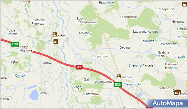 mapa Rzuchów gmina Dąbie, Rzuchów gmina Dąbie na mapie Targeo