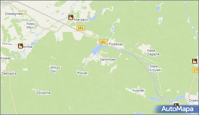 mapa Sarbinowo gmina Dobiegniew, Sarbinowo gmina Dobiegniew na mapie Targeo