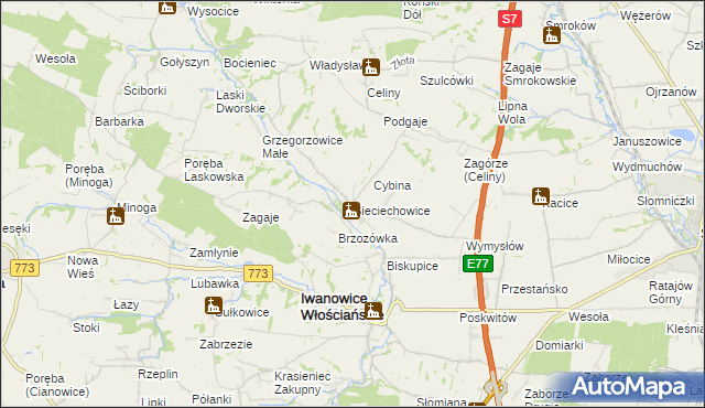 mapa Sieciechowice gmina Iwanowice, Sieciechowice gmina Iwanowice na mapie Targeo