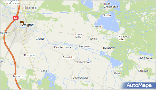 mapa Sieczków gmina Żmigród, Sieczków gmina Żmigród na mapie Targeo