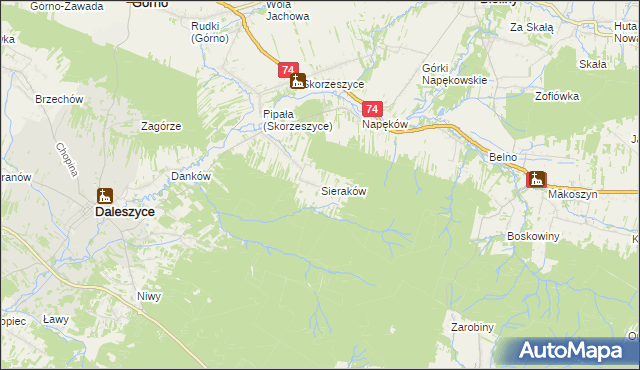 mapa Sieraków gmina Daleszyce, Sieraków gmina Daleszyce na mapie Targeo