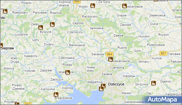 mapa Sieraków gmina Dobczyce, Sieraków gmina Dobczyce na mapie Targeo