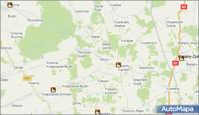 mapa Sikory gmina Bielany, Sikory gmina Bielany na mapie Targeo