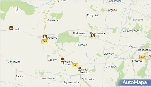 mapa Sikorzyce gmina Kostomłoty, Sikorzyce gmina Kostomłoty na mapie Targeo